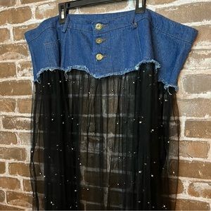 Denim and mesh sheer pearl skirt